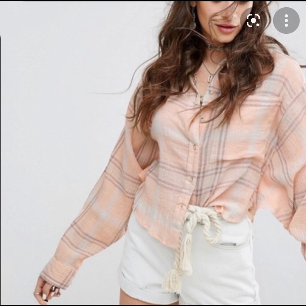 Free People Plaid Pink Flowy Blouse
